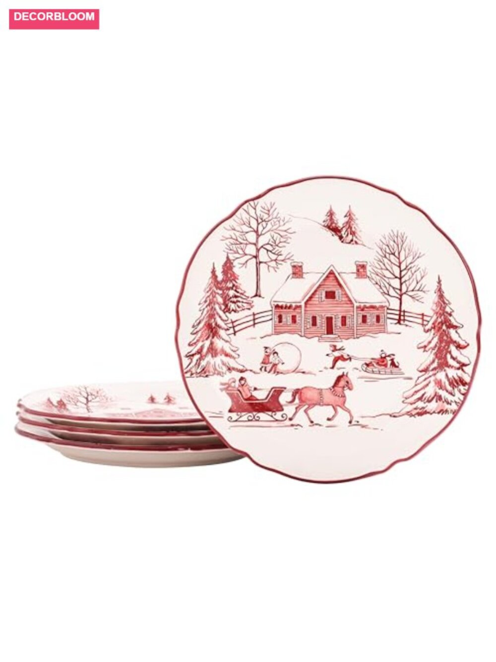 Set of 4 Ceramic Salad Plates 8.75 In Scalloped Rim Holiday Christmas Dinnerware